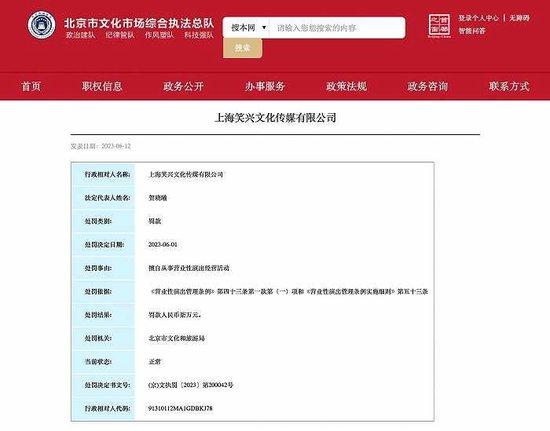 笑果旗下公司擅自从事营业性演出经营活动被罚